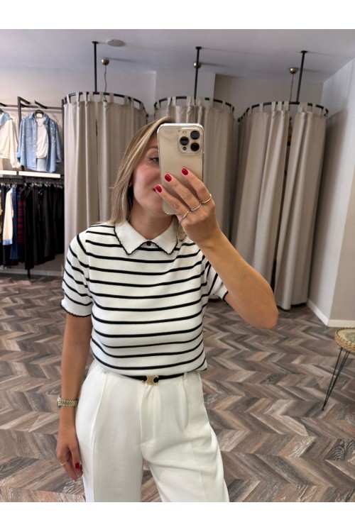 9825-4924 POLO YAKA ÇİZGİLİ BLUZ