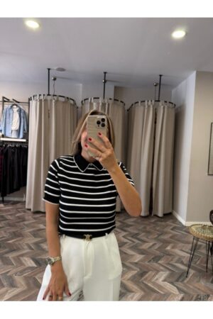9825-4924 POLO YAKA ÇİZGİLİ BLUZ