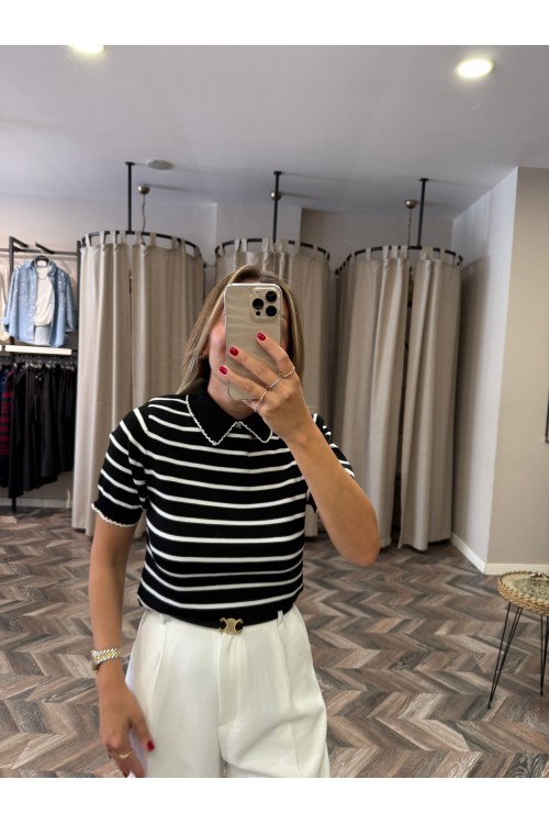 9825-4924 POLO YAKA ÇİZGİLİ BLUZ