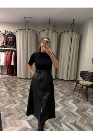 9975-5345 ETEĞİ DERİ TRİKO ELBİSE