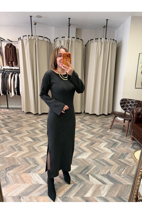 10254-90267 KAYIK YAKA YIRTMAÇLI TRİKO ELBİSE