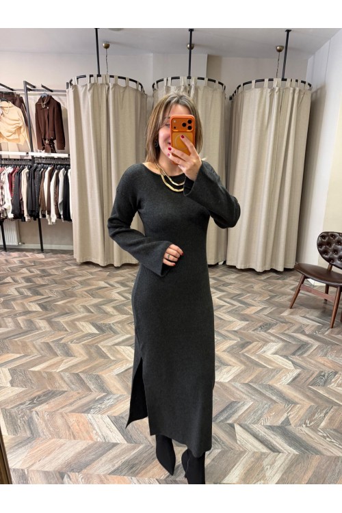 10254-90267 KAYIK YAKA YIRTMAÇLI TRİKO ELBİSE