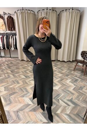 10254-90267 KAYIK YAKA YIRTMAÇLI TRİKO ELBİSE