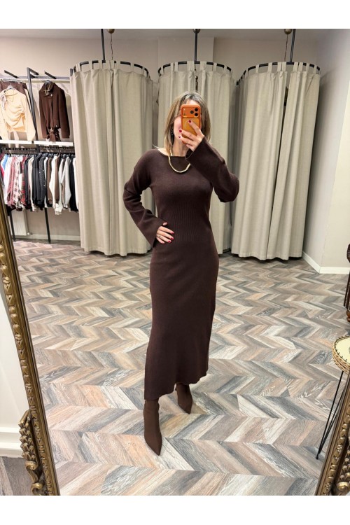 10254-90267 KAYIK YAKA YIRTMAÇLI TRİKO ELBİSE