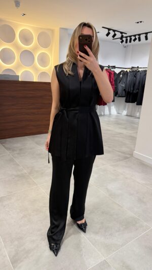 6045-KUŞAKLI SATEN CEKET