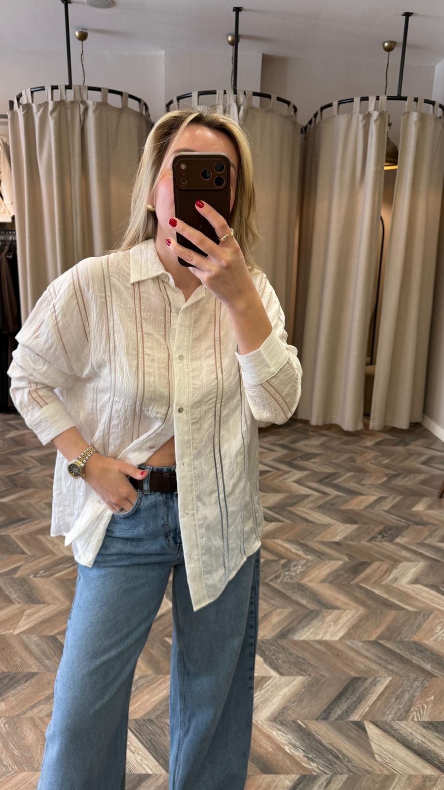 5779-ORGANZE ÇİZGİLİ GÖMLEK