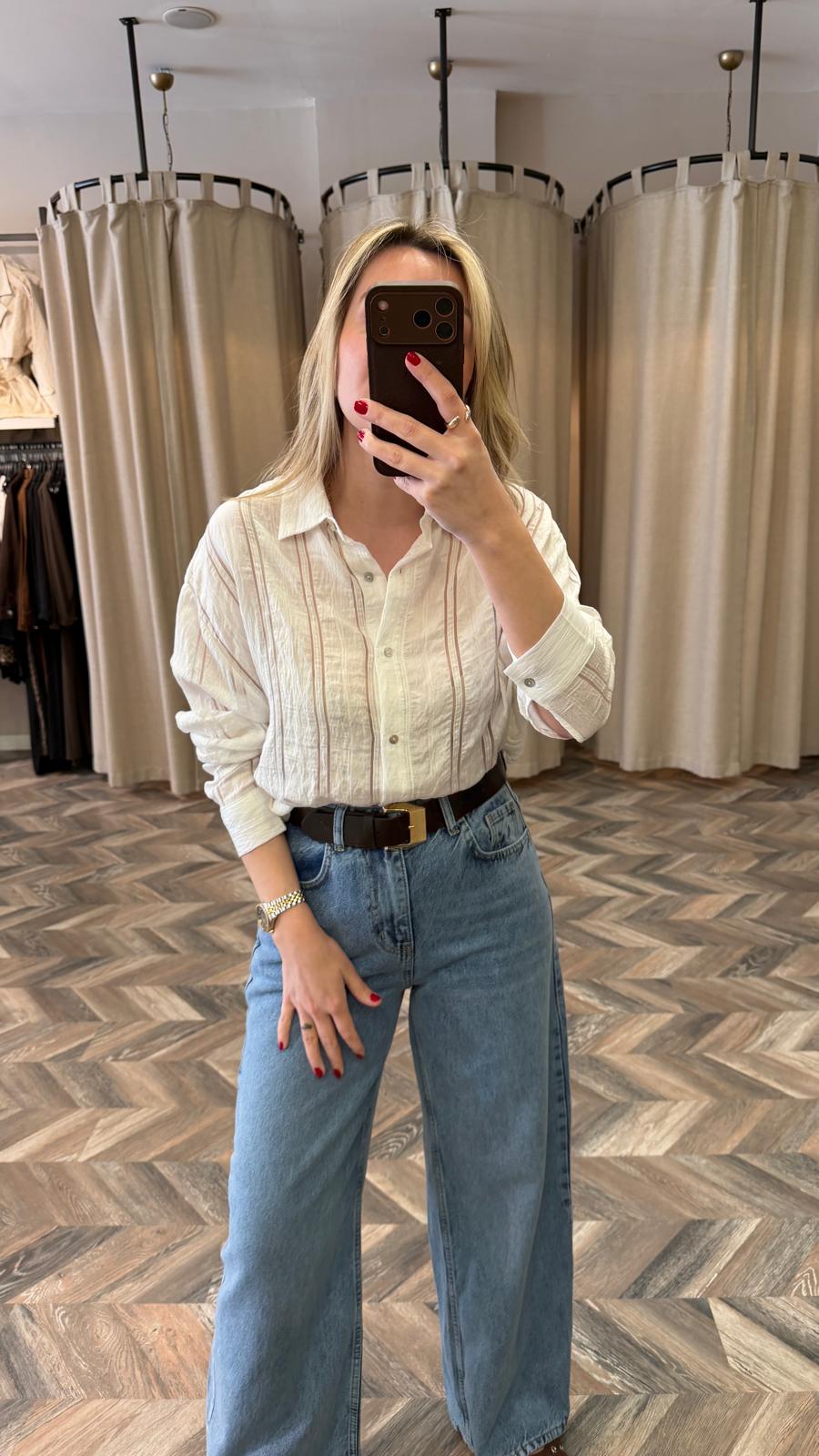 5779-ORGANZE ÇİZGİLİ GÖMLEK