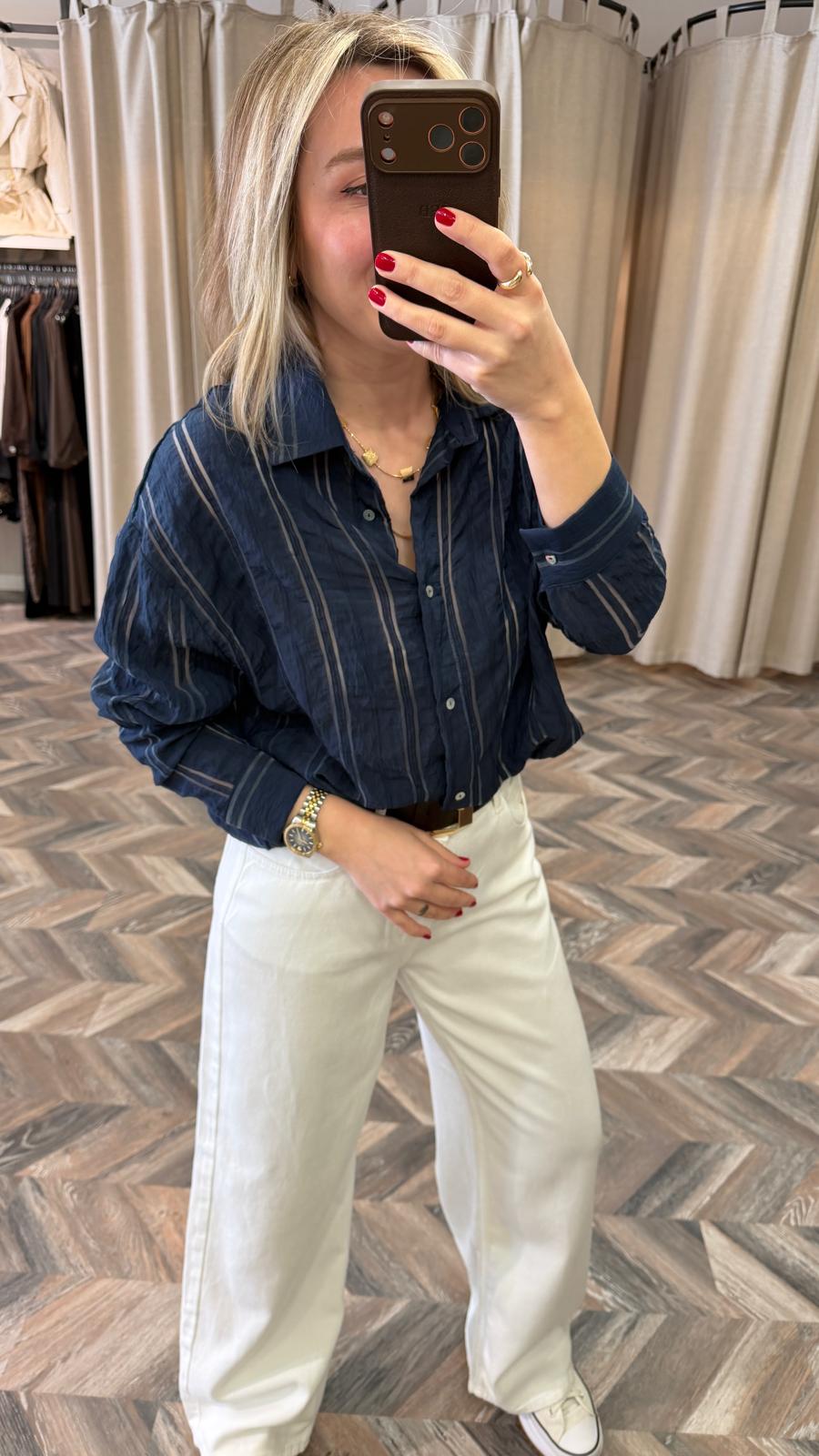 5782-ORGANZE ÇİZGİLİ GÖMLEK