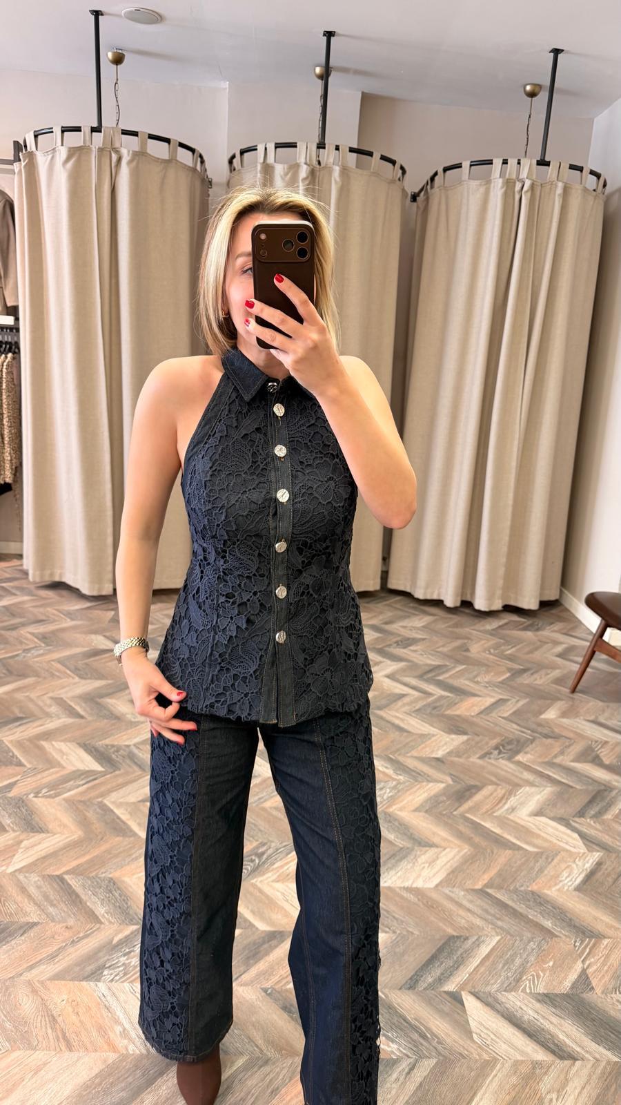 8088-DANTEL GARNİLİ GÖMLEK-LACİVERT-M-